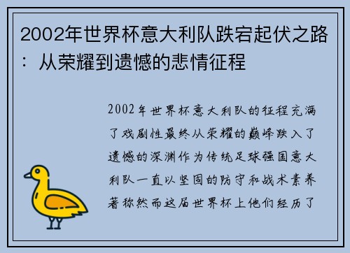 2002年世界杯意大利队跌宕起伏之路：从荣耀到遗憾的悲情征程