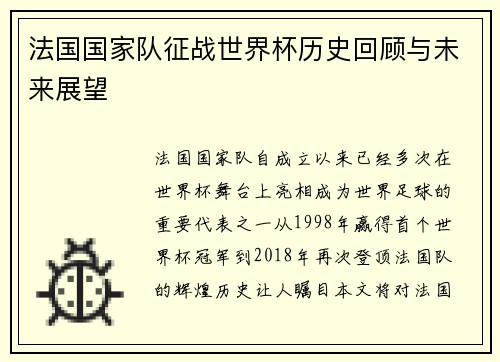 法国国家队征战世界杯历史回顾与未来展望