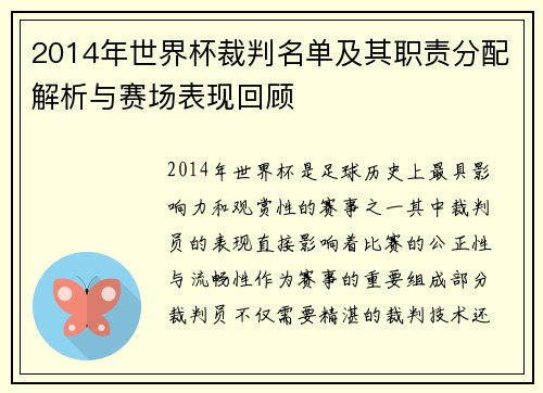 2014年世界杯裁判名单及其职责分配解析与赛场表现回顾