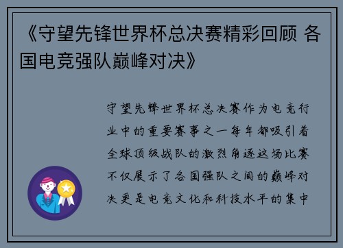 《守望先锋世界杯总决赛精彩回顾 各国电竞强队巅峰对决》