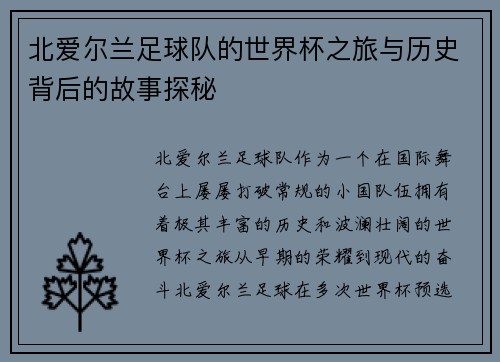 北爱尔兰足球队的世界杯之旅与历史背后的故事探秘